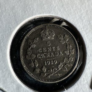 1919 Canada 5 Cents Silver Coin King George - Original Toned