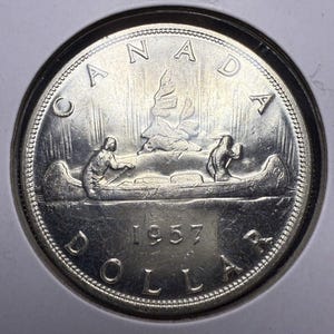 1957 1WL Canadian Silver Dollar Coin 80% 1 - Scarce One Waterline Variety