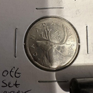1940 Mint State Canada 25 Cents Silver Coin - Nice Condition Offset Die
