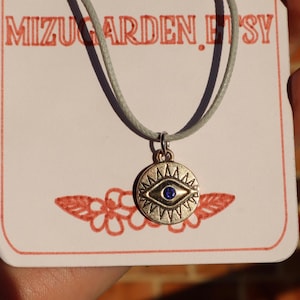 Handmade Evil Eye Necklace – Light Grey Adjustable Cotton Cord with Silver tone with Blue Gem Protection Pendant Unisex design
