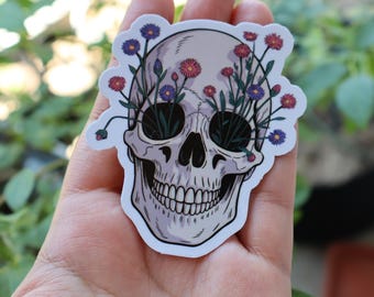 Floral Skull Sticker Bujo Waterproof Vinyl – Gothic Skull with Flowers Aesthetic, Laptop, Water Bottle, Witchy Cute Sticker for Journaling