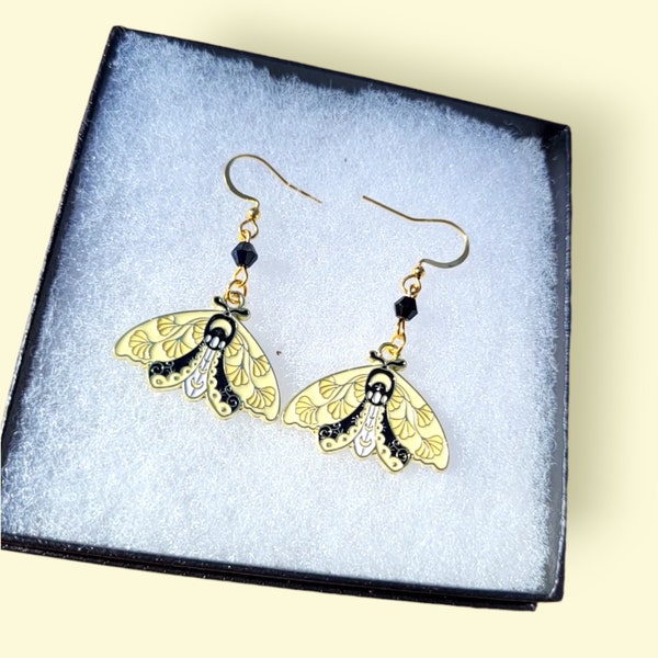 Celestial Moth earrings, insect lovers, Nature inspired, handmade earrings, nature inspired jewelry, Gold plated, gift idea, yellow Moth