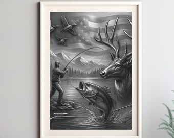 Serene Wilderness A Monochromatic Fishing Scene with Deer and Birds, Featuring Subtle American Flag Motif