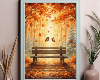 Autumn Forest Bench Print – Butterfly Landscape (Digital Download)