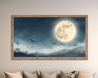 Vollmond Art Print – Silhouetten von Bäumen und fliegenden Vögeln (Digitaler Download)