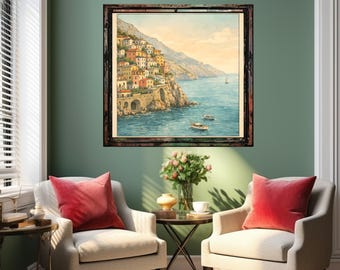 Tranquil Coastal Village with Pastel Homes and Serene Sea - Vintage Illustration Style Wall Art Printable Download