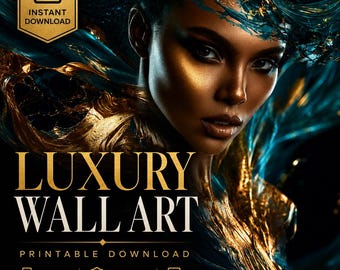 Velvet Power Muse Wall Art Printable, Teal Gold Abstract Woman Art, Modern Glam Decor, Luxury Fashion Wall Art, Digital Download
