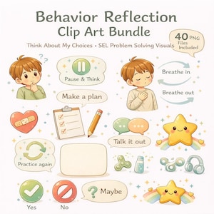 Op de afbeelding: Een digitale clip art bundel getiteld "Behavior Reflection" met 40 PNG-bestanden. De illustraties bevatten een kind, tekstballonnen met zinnen als "Pause & Think" en iconen zoals een hart, een checklist en een ster.