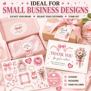 May include: Pink and white small business design elements. Includes stickers, packaging, and thank you cards. The image features a gift box with a pink ribbon, stickers, and a thank you card with floral accents.