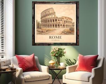 Vintage Illustration of the Colosseum in Rome - Classic Wall Art with Serene Greenery and Nostalgic Sky