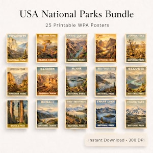 USA National Parks Prints Bundle | WPA Vintage Travel Posters | Printable Wall Art Set | Retro Park Decor | Instant Digital Download