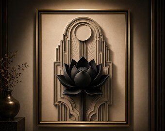 Noir Lotus Ascension  Wall Art Printable, Black Gold Botanical Print, Luxury Neutral Wall Decor, Modern Minimalist Arch Artwork, Digital Art