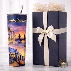 Venice Beach Sunset Paradise - Vibrant Beach Life with Activities, Palm Trees, and Warm Hues for Tumbler Wrap Design
