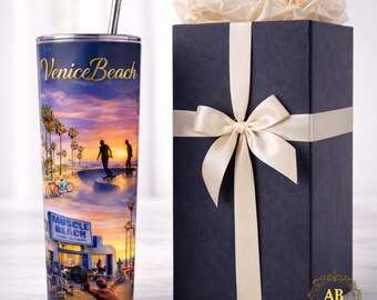 Venice Beach Sunset Paradise - Vibrant Beach Life with Activities, Palm Trees, and Warm Hues for Tumbler Wrap Design