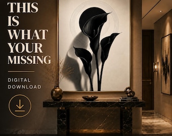 Midnight Calla Bloom  Wall Art Printable, Black White Botanical Print, Art Deco Neutral Decor, Minimalist Flower Poster, Digital Download