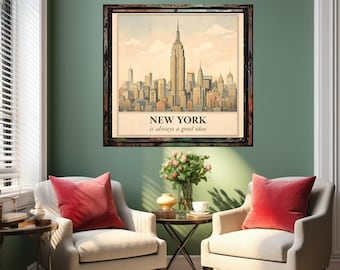 Vintage New York City Skyline Art - NEW YORK is always a good idea - Retro Digital Print for Wall Decor