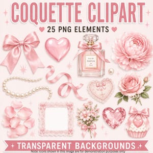 Coquette Clipart PNG Bundle, Pink Bow Clipart, Feminine Aesthetic PNG, Soft Girl Elements, Romantic Clipart Set, Scrapbook PNG image 6