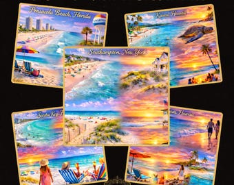 5 Must visit US. beaches. Art Print, Beautiful beach prints, Scenic Paradise Illustration, Bucket List  (Digital Download)