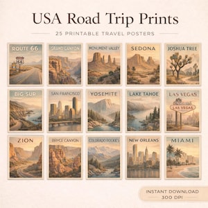 USA Road Trip Prints Bundle | Vintage Travel Posters | Route 66 Wall Art | Printable USA Travel Decor | Instant Download
