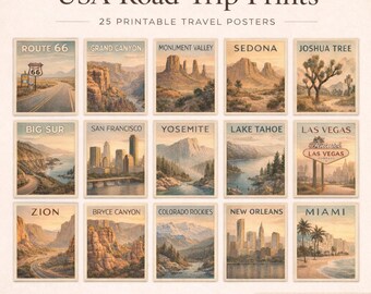 USA Road Trip Prints Bundle | Vintage Travel Posters | Route 66 Wall Art | Printable USA Travel Decor | Instant Download