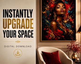 Scarlet Bloom Abstract Portrait, Bold Red Gold Floral Art (Digital Download)