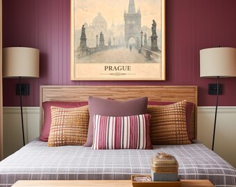Vintage Illustration of Charles Bridge in Prague - Serene Atmosphere and Historical Charm Captured in Digital Art