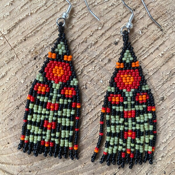 Folk art floral beaded fringe earrings