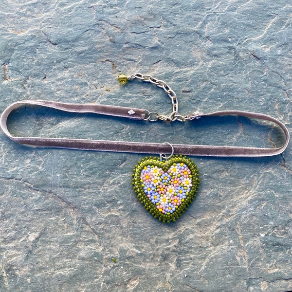 Velvet choker with beaded heart shaped pendant