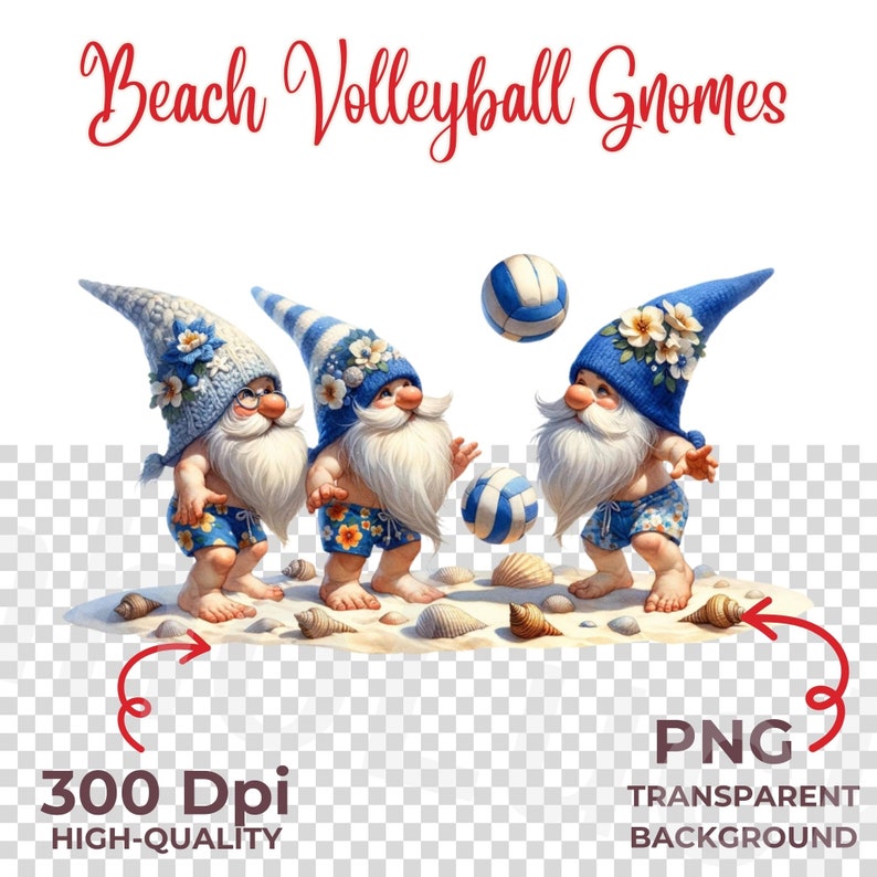 Watercolor Summer Beach Volleyball Gnome Clipart Bundle. Summer Beach Clipart, Volleyball Gnome