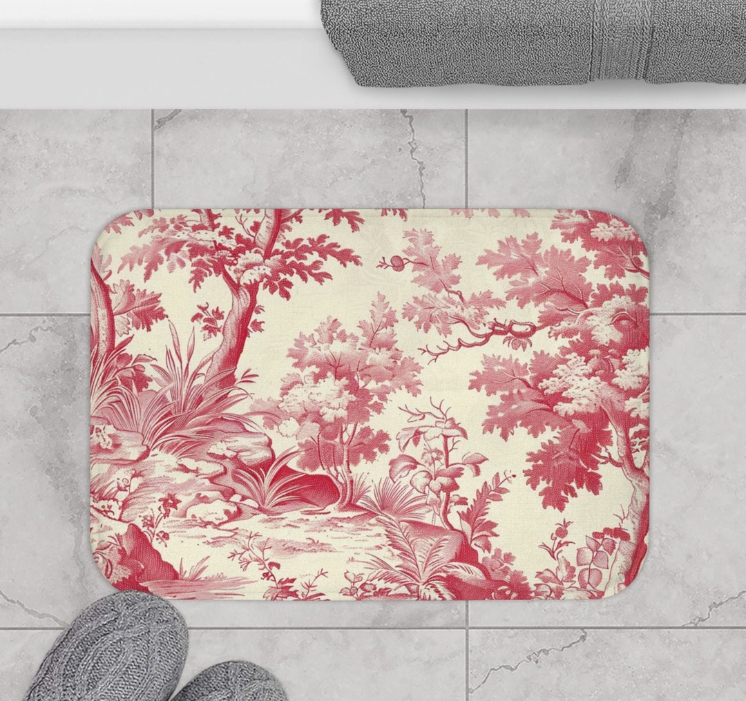 Toile Bath Mat, Red Toile Bath Mat, Red Bath Mat, Bath Mat, Red Bath ...