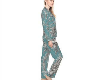 Toile Satin Pajamas, Mineral Blue and Ivory Pajamas, Toile Loungewear, Toile Pajamas, Mineral Blue Pajamas, Toile PJs, Blue Pajamas, PJs,