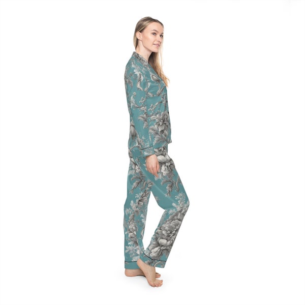 Toile Satin Pajamas, Mineral Blue and Ivory Pajamas, Toile Loungewear, Toile Pajamas, Mineral Blue Pajamas, Toile PJs, Blue Pajamas, PJs,