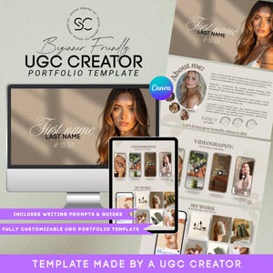 May include: A digital UGC Creator Portfolio Template, displayed on a computer monitor and tablet. The template includes sections for "First Name," "About Me," and "Videography." The design is beginner-friendly and fully customizable, with writing prompts and guides.