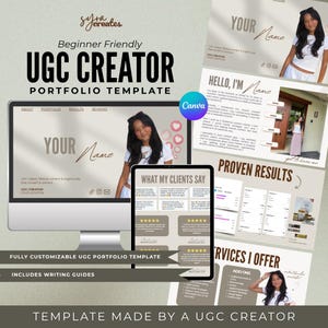 May include: A digital portfolio template for UGC creators featuring a computer monitor and tablet display. The design includes sections for an introduction, client testimonials, proven results, and services offered, all in a neutral color palette.