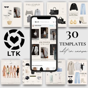 May include: A collage of 30 social media templates for fashion bloggers and influencers. The templates feature a variety of styles, including casual, vacation, and wedding. The templates are designed to be used on platforms like Instagram and Pinterest. The text "30 TEMPLATES edit in canva" is displayed in the centre of the image.