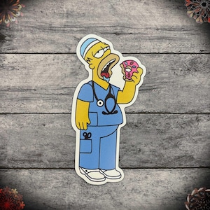 May include: A cartoon illustration of a yellow character wearing a blue medical scrubs uniform and a stethoscope. The character is eating a pink and white donut.