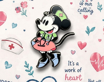 May include: A metal enamel pin featuring a cartoon mouse dressed as a nurse, wearing a light green scrub top, a pink skirt, and a matching nurse cap with a pink cross. The character has black ears, a white face, and holds a stethoscope.