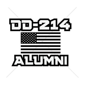May include: Black and white graphic design with the text "DD-214 ALUMNI" and an American flag.