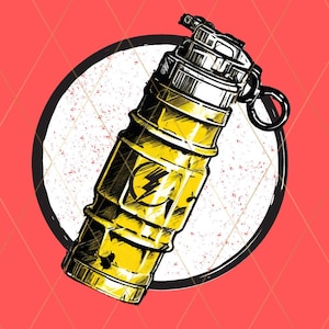 Op de afbeelding: Een gele en zwarte granaatvormige fles met een bliksemsymbool. De fles bevindt zich in een zwarte en witte cirkel met een verweerde achtergrond.