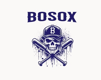 Op de afbeelding: Een blauwe en witte schedel met een baseballpet met de letter "B" erop. De schedel houdt twee gekruiste honkbalknuppels vast. Het woord "BOSOX" staat boven de schedel.