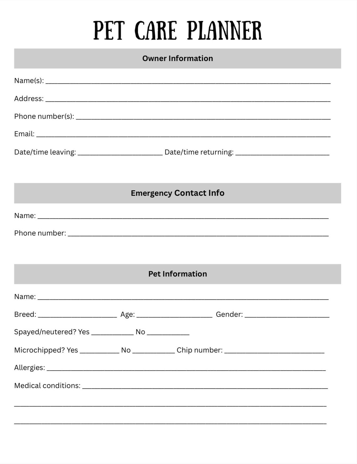 Printable Pet Care Planner for Pet Sitting Pet Boarding - Etsy