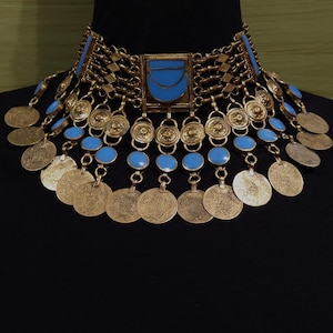 Vintage Genuine Afghan Brass Tribal Choker, Turquoise Color and Brass Kuchi Coins Necklace, Handmade in Afghanistan, Solid Brass Fringe