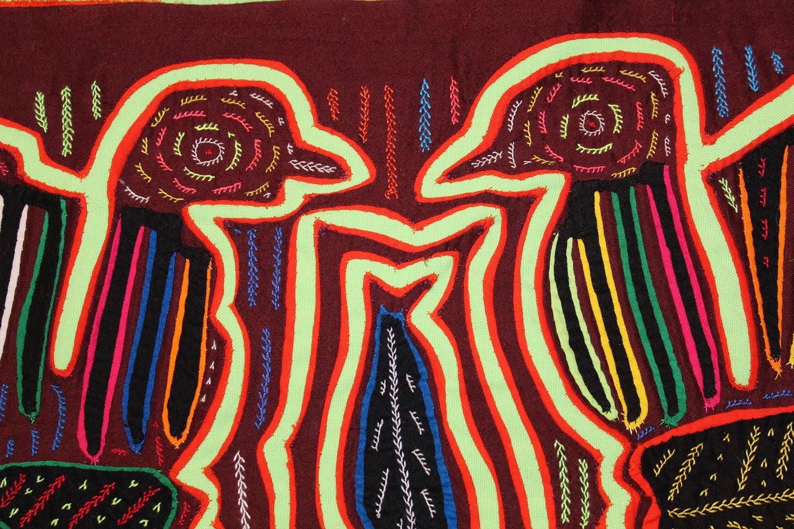Two Regal Birds Colombian Kuna Mola Panel, Indigenous Textile Folk Art, Maroon Orange Green Colorful Cotton Fabric Panel