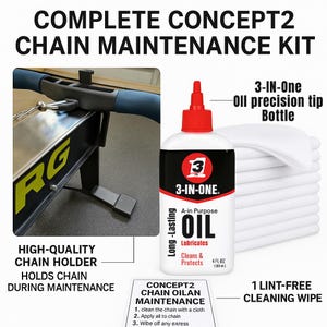 May include: Complete Concept2 chain maintenance kit. The kit includes a high-quality chain holder, 3-IN-ONE oil with a precision tip bottle, and a lint-free cleaning wipe. The oil lubricates, cleans, and protects. The kit is designed for chain maintenance.