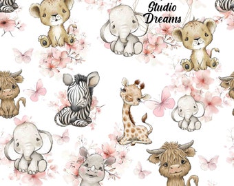 Savannah animals, seamless pattern, pink flower pattern, digital paper, digital, paper, seamless, watercolor, clipart, printable