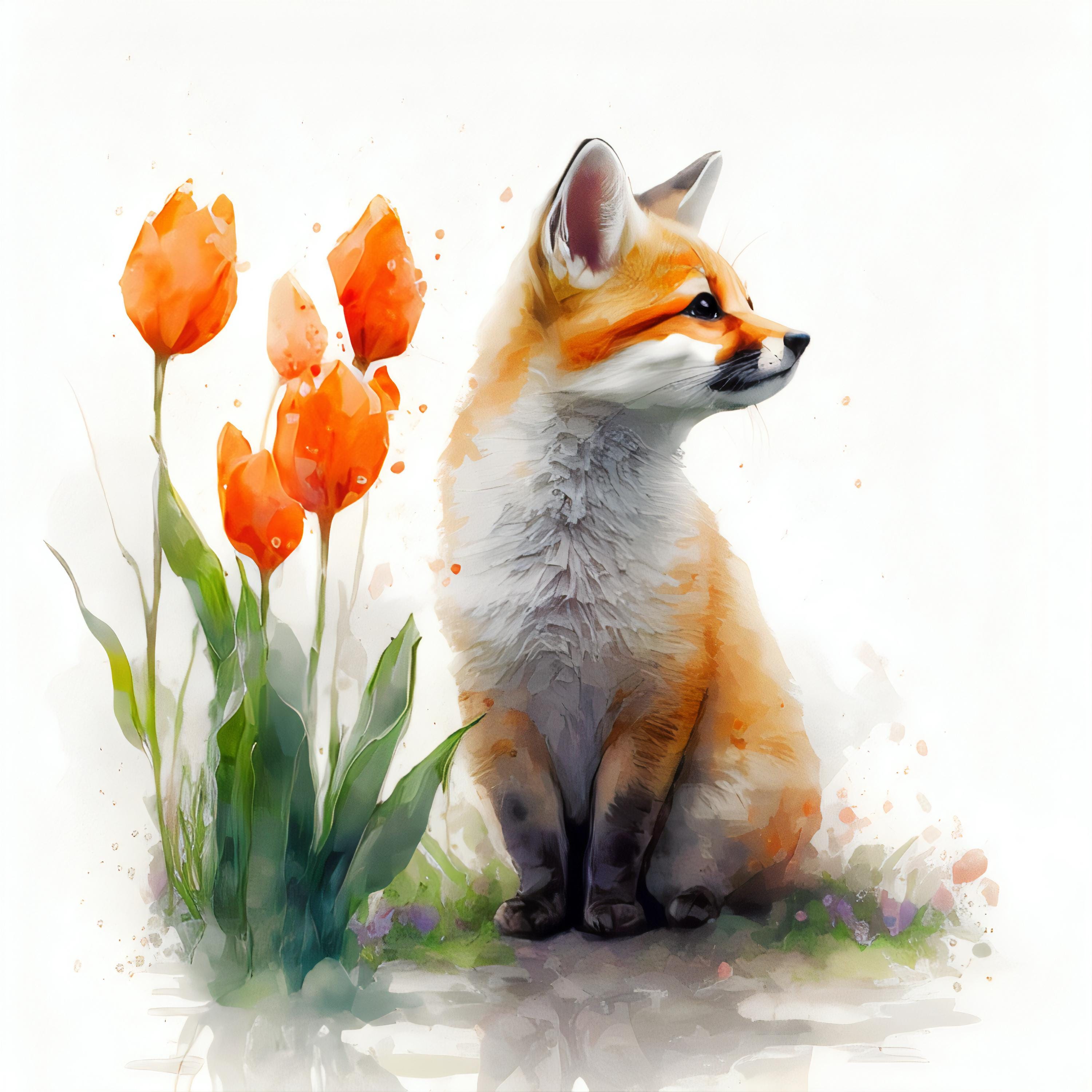 Cotton - Fox and flower panels inspired by watercolor cushion format