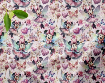 Charakterstoffe inspiriert von Minnie Mouse, rosa Fee, aus Baumwolle, Jersey, Polyester oder French Terry, 1 Meterware Öko-Tex