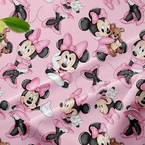 Tessuti ispirati ai personaggi di Minnie Mouse rosa in cotone, jersey, poliestere o french terry 1 al metro Oeko-Tex