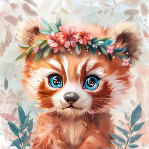 Baby red panda Digital art, digital red panda watercolor jpg, digital clipart little red panda and flowers 1