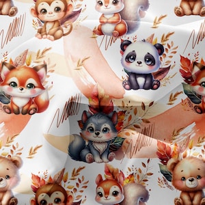 May include: A seamless pattern featuring various woodland animals, including a fox, bear, monkey, panda, squirrel, and wolf. The animals are depicted in a cartoon style with watercolor-like textures and are surrounded by autumn leaves and branches.